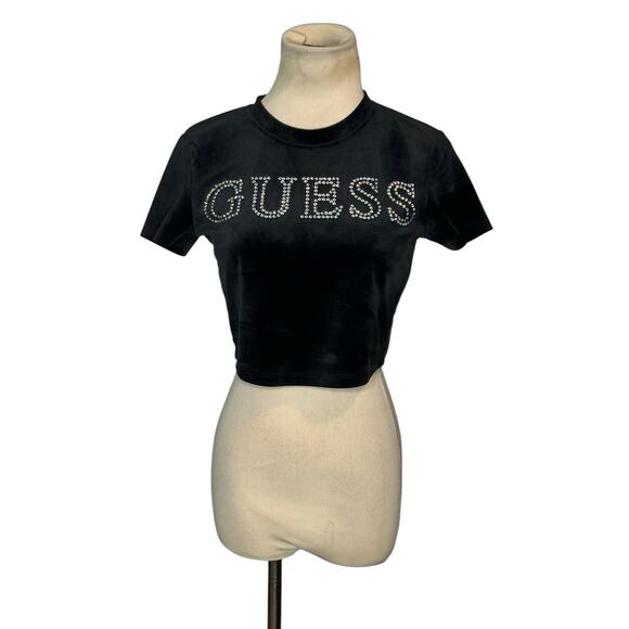 Guess black velvet rhinestones front logo short sleeves t-shirt size XS - Picture 14 of 16